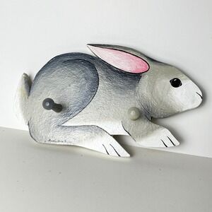 Laurie Becher Wall Hook Rack Bunny Rabbit 9.5in Gray Hand Painted Wood Whimsical
